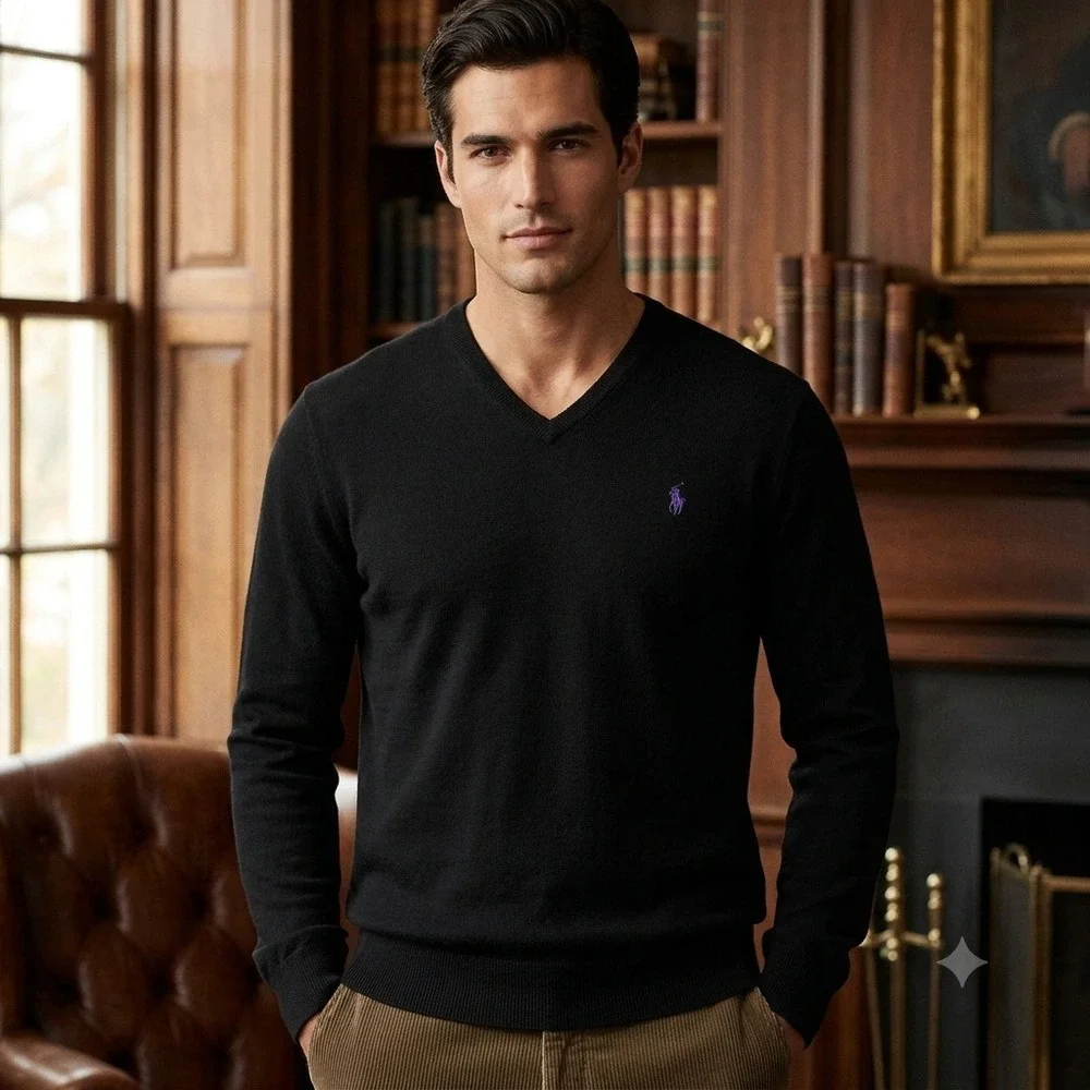 Vintage Polo Ralph Lauren Sweater Mens XL Black Pima Cotton V-Neck Purple Pony